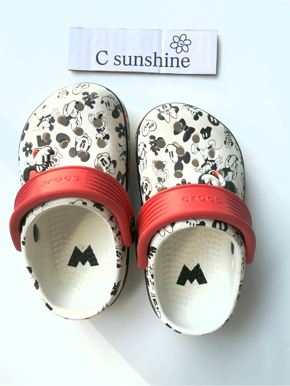 CROCS Mickey Mouse, Minnie, mouse Print Clogs with Red Straps